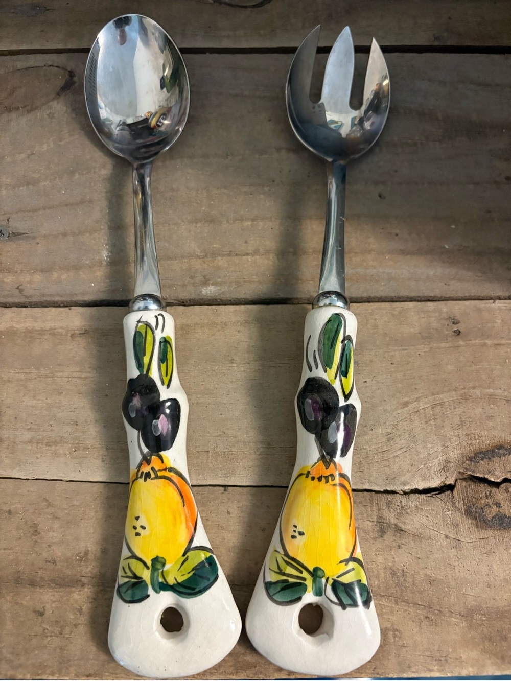 Hand-Painted Ceramic Handle Salad Server Set - Yellow Floral Positano